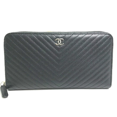 CHANEL Long Wallet Purse A50097 Caviar skin black CC COCO Mark Vstitch quilting Women Used Authentic